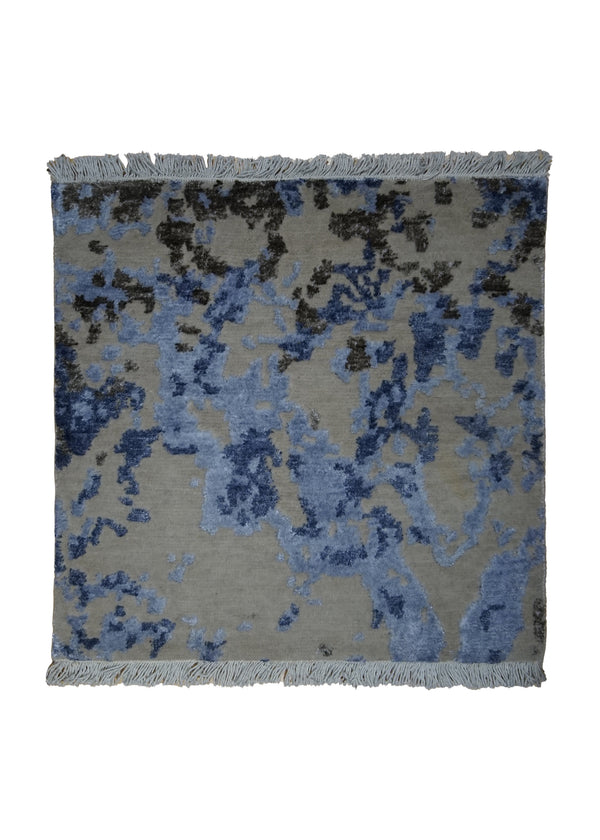 A31656 Oriental Rug Indian Handmade Square Modern 1'6'' x 1'6'' -2x2- Whites Beige Blue Splatter Abstract Design