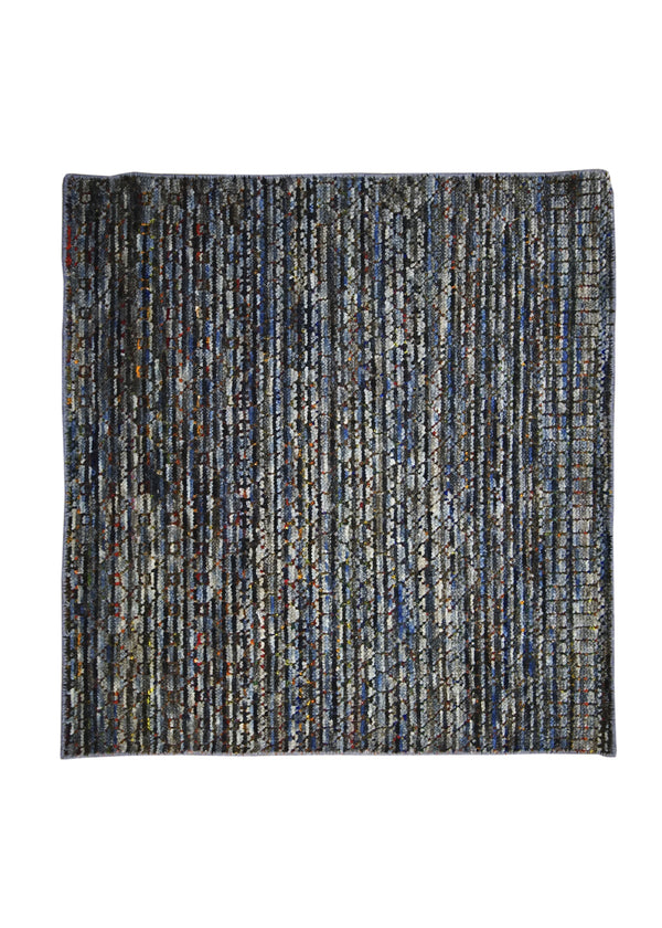A31660 Oriental Rug Indian Handmade Square Transitional 3'1'' x 3'2'' -3x3- Multi-color Gray Stripes Design
