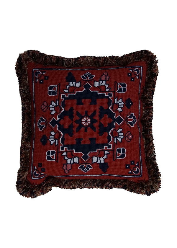 A31667 Oriental Rug Chinese Handmade Pillow Tribal 1'4'' x 1'4'' -1x1- Red Needlepoint Geometric Design