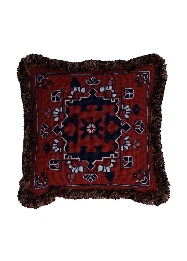 A31668 Oriental Rug Chinese Handmade Pillow Tribal 1'4'' x 1'4'' -1x1- Red Needlepoint Geometric Design