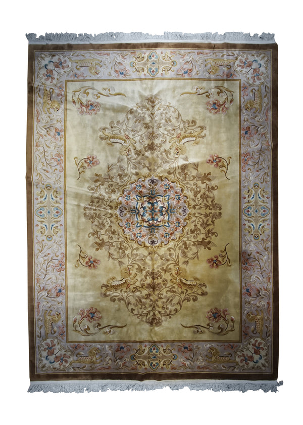 A32344 Oriental Rug Chinese Handmade Area Traditional 8'11'' x 11'11'' -9x12- Yellow Gold Whites Beige Symbol Design