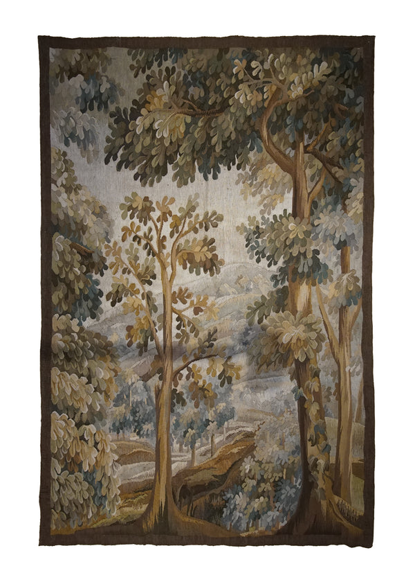 A32577 European Rug Handmade Area Traditional 4'7'' x 7'0'' -5x7- Whites Beige Brown Green Tapestry Flemish Tree of Life Design