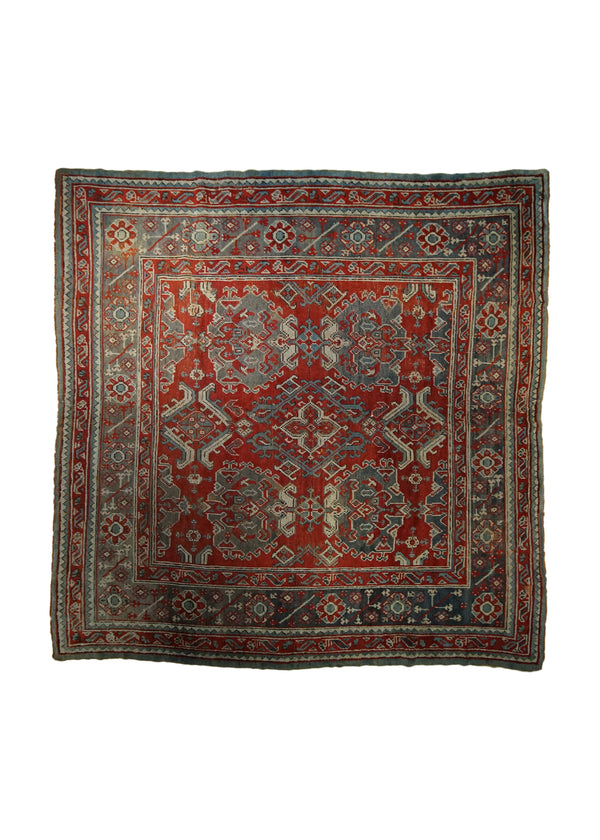 A32769 Oriental Rug Turkish Handmade Square Tribal Antique 9'3'' x 9'4'' -9x9- Red Gray Oushak Geometric Design