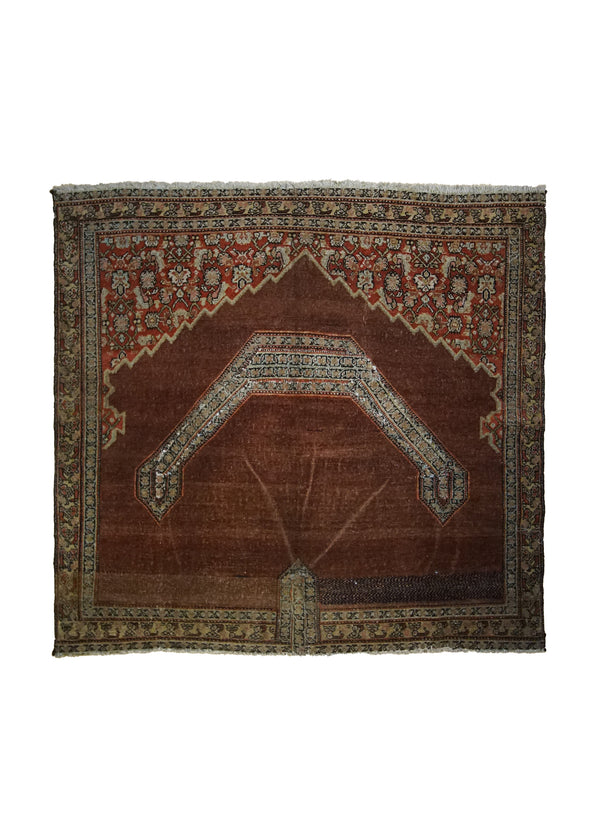 A33192 Persian Rug Sanandaj Handmade Saddle Square Tribal Antique 3'1'' x 3'3'' -3x3- Red Brown Saddle Blanket Prayer Rug Design