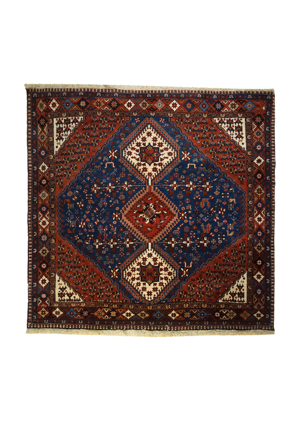 A33284 Persian Rug Yalameh Handmade Square Tribal 4'8'' x 4'10'' -5x5- Blue Red Geometric Animals Design