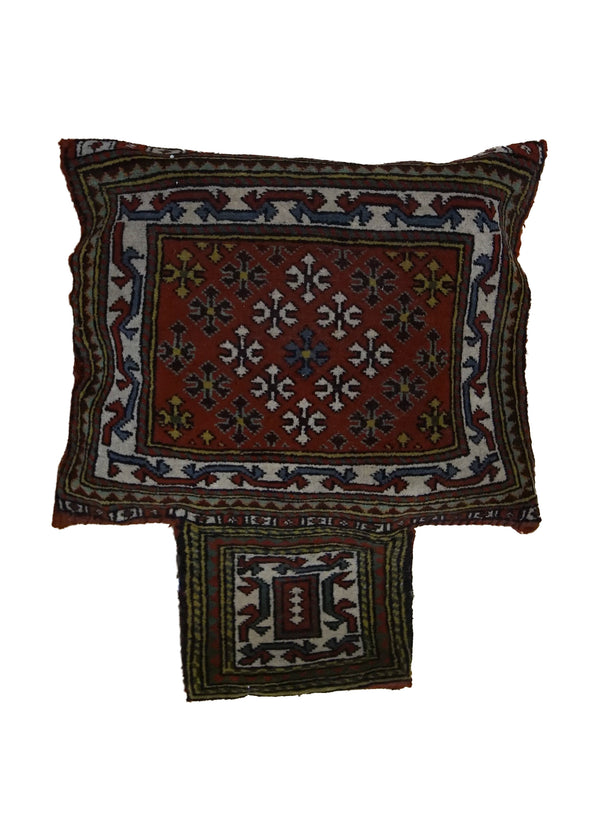 A33413 Persian Rug Yalameh Handmade Pillow Tribal 1'2'' x 1'6'' -1x2- Red Geometric Design