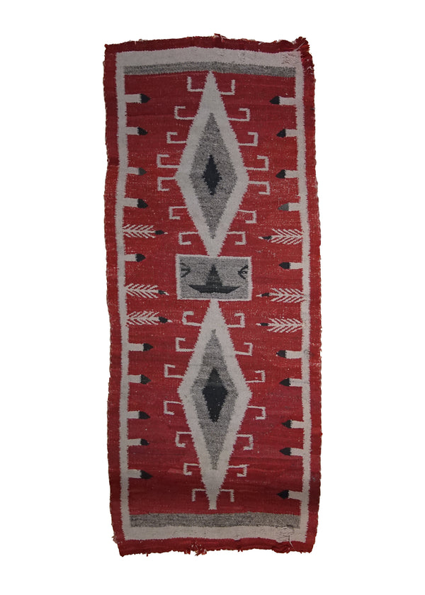 A33498 Native American Rug Navajo Handmade Area Antique 2'0'' x 4'8'' -2x5- Red Whites Beige Two Gray Hills Geometric Design