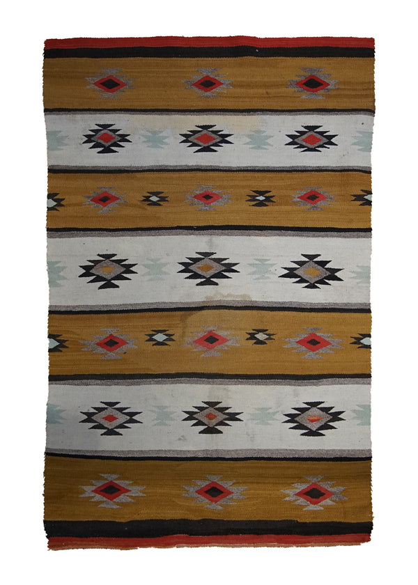A33500 Native American Rug Navajo Handmade Area Antique 3'2'' x 5'0'' -3x5- Multi-color Whites Beige Yellow Gold Chrystal Geometric Design