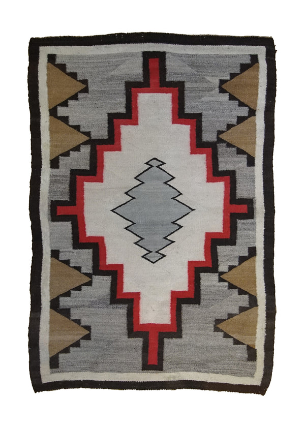 A33503 Native American Rug Navajo Handmade Area Antique 3'9'' x 5'0'' -4x5- Gray Brown Red Two Gray Hills Geometric Design