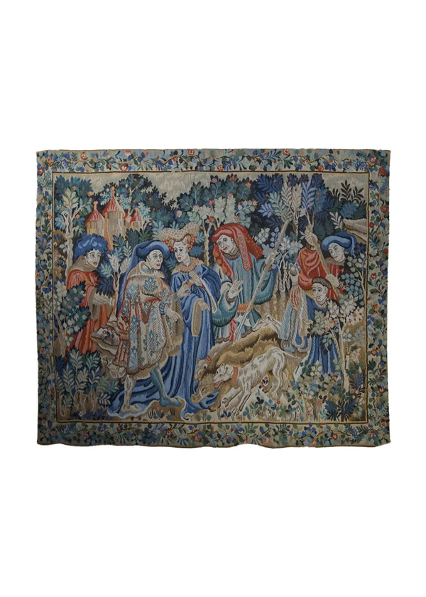 A33569 European Rug Handmade Area Traditional 4'3'' x 5'1'' -4x5- Blue Whites Beige Tapestry Flemish Pictorial Design