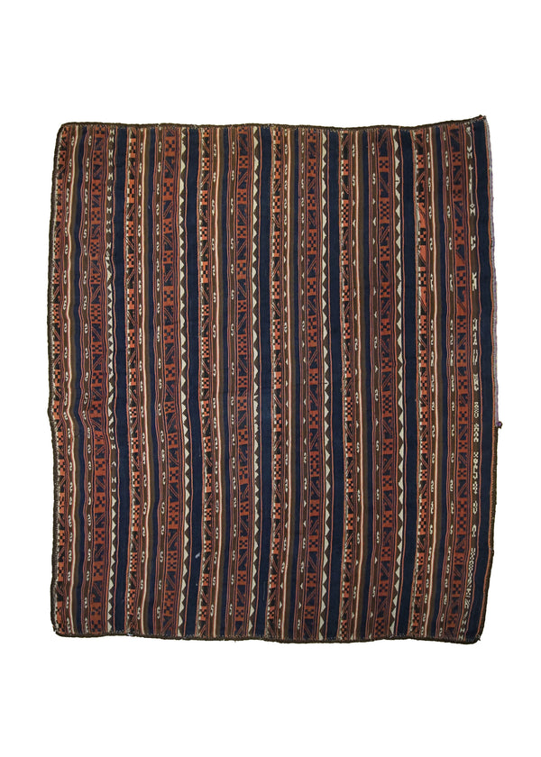 A33759 Persian Rug Jajim Handmade Area Square Tribal Vintage 4'6'' x 5'4'' -5x5- Brown Red Kilim Stripes Design