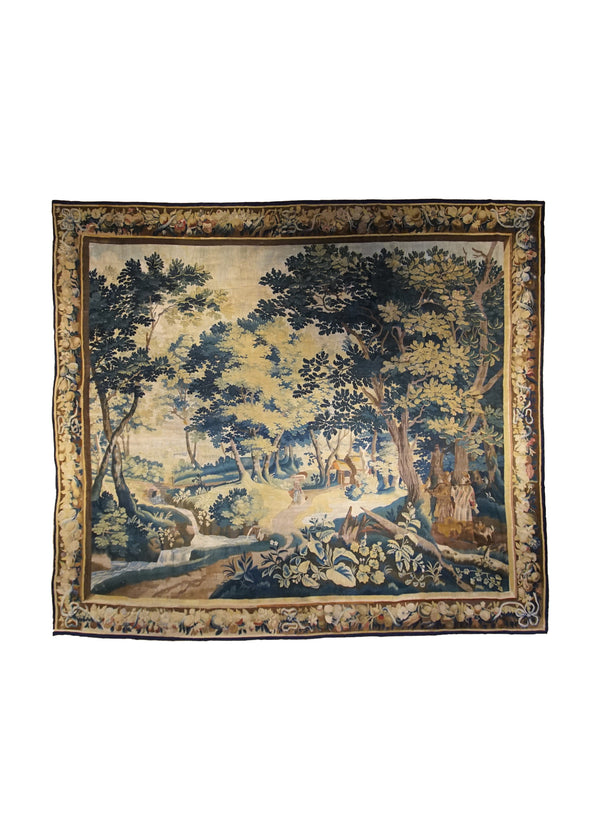 A33977 European Rug Handmade Area Traditional Antique 11'3'' x 12'8'' -11x13- Whites Beige Blue Tapestry Flemish Pictorial Design