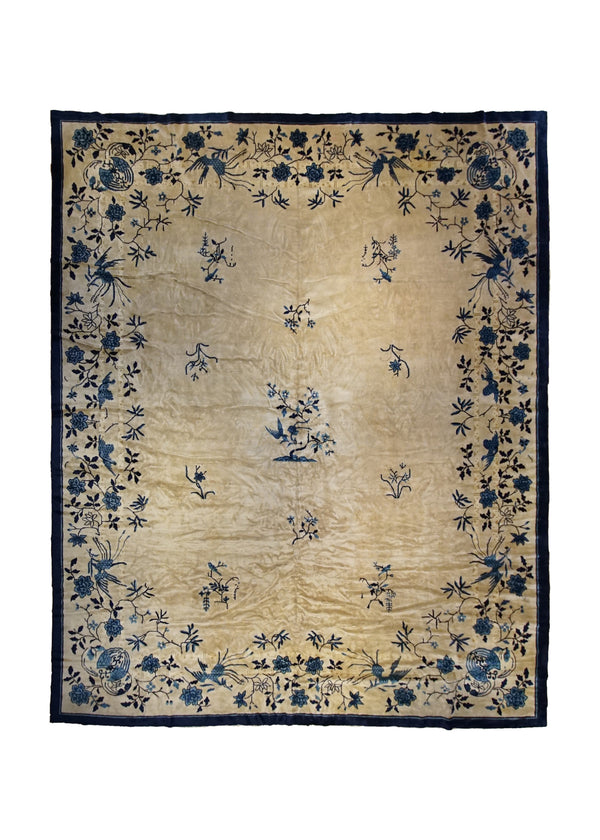 A34457 Oriental Rug Chinese Handmade Area Antique Traditional 12'1'' x 14'4'' -12x14- Whites Beige Blue Peking Floral Design