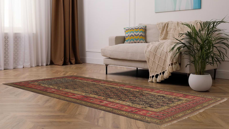 22724 Persian Rug Kurdistan Handmade Area Runner Antique Tribal 4'0'' x 8'3'' -4x8- Brown Yellow Gold Red Geometric Animals Design_R