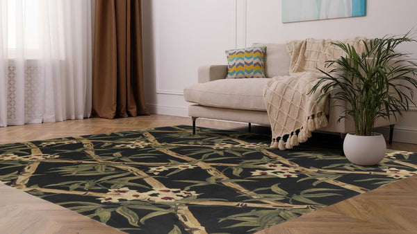 26645 Oriental Rug Indian Handmade Area Modern 8'1'' x 9'10'' -8x10- Black Whites Beige Green Floral Pictorial Design_R_R