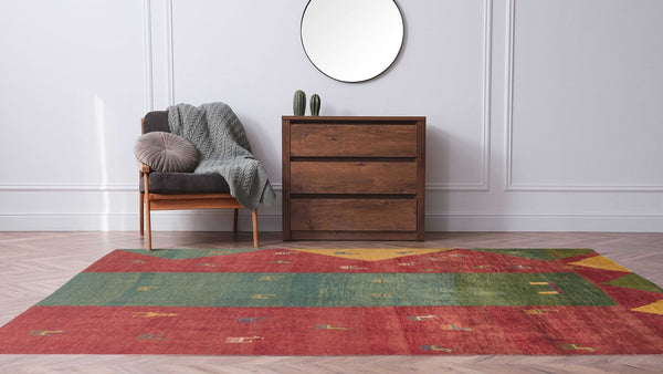 31262 Persian Rug Gabbeh Handmade Area Tribal 7'5'' x 9'5'' -7x9- Multi-color Green Red Pictorial Animals Design_R_R
