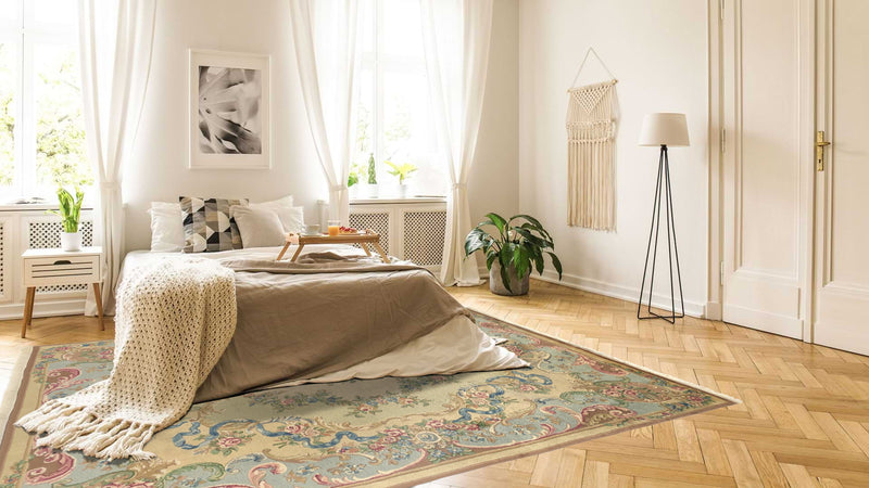32707 Oriental Rug Indian Handmade Area Traditional 8'0'' x 10'0'' -8x10- Whites Beige Floral Carved Design_R