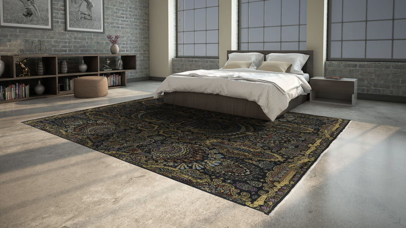 33101 Oriental Rug Indian Handmade Area Modern 8'1'' x 10'5'' -8x10- Black Yellow Gold Mille Fleur Design_R_R