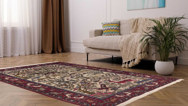 33475 Persian Rug Bakhtiari Handmade Area Traditional Tribal 5'2'' x 8'2'' -5x8- Whites Beige Pictorial Animals Design_R_R