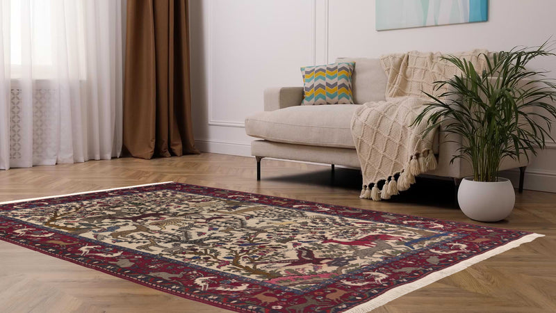 33475 Persian Rug Bakhtiari Handmade Area Traditional Tribal 5'2'' x 8'2'' -5x8- Whites Beige Pictorial Animals Design_R_R