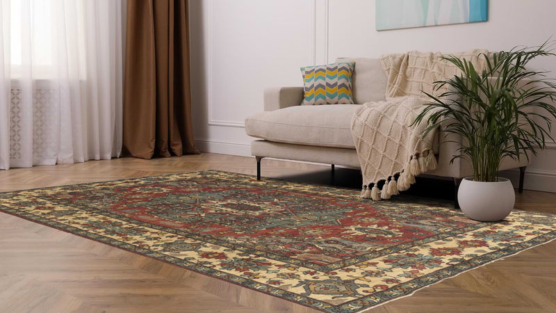 35718 Oriental Rug Pakistani Handmade Area Transitional 6'2'' x 9'4'' -6x9- Red Green Whites Beige Heriz Design_R