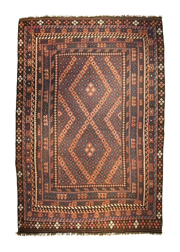 A10141 Oriental Rug Afghan Handmade Area Tribal Vintage 9'8'' x 13'6'' -10x14- Brown Kilim Geometric Maimana Design