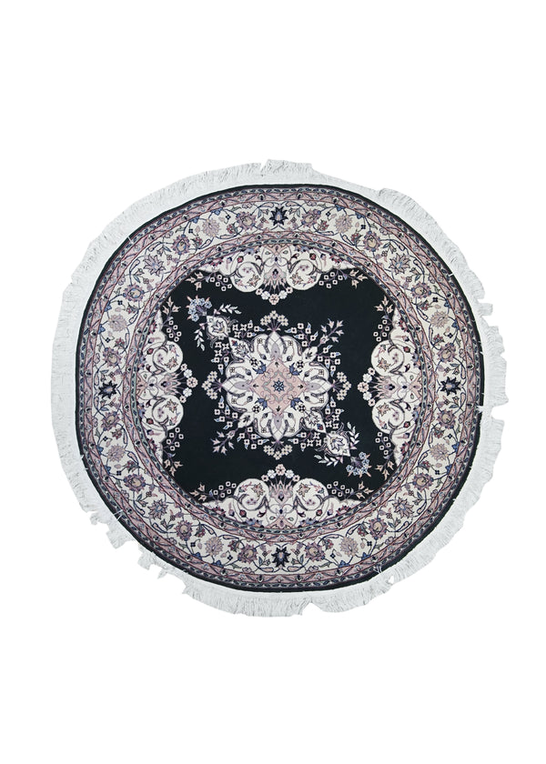 A10171 Oriental Rug Chinese Handmade Round Traditional 4'12'' x 5'0'' -5x5- Black Whites Beige Floral Design