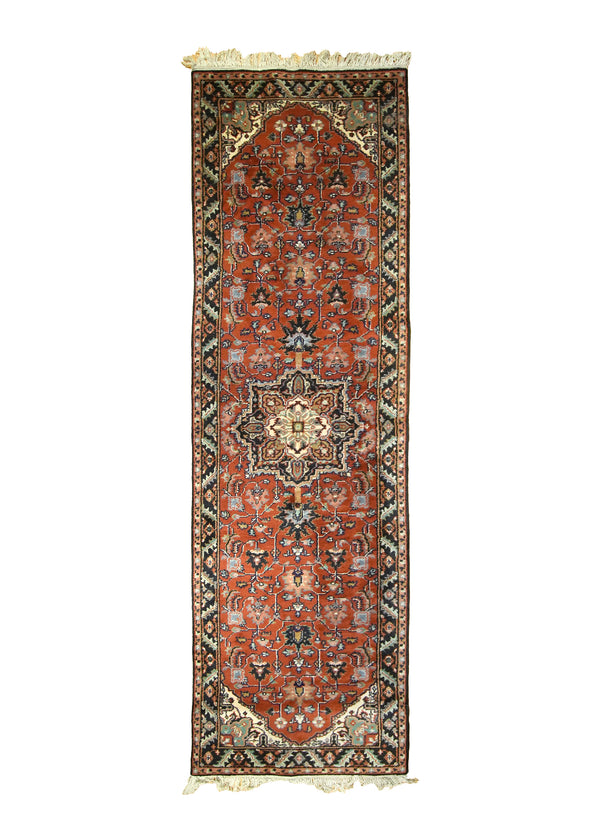 A10225 Oriental Rug Indian Handmade Runner Transitional Tribal 3'0'' x 10'0'' -3x10- Red Heriz Geometric Design
