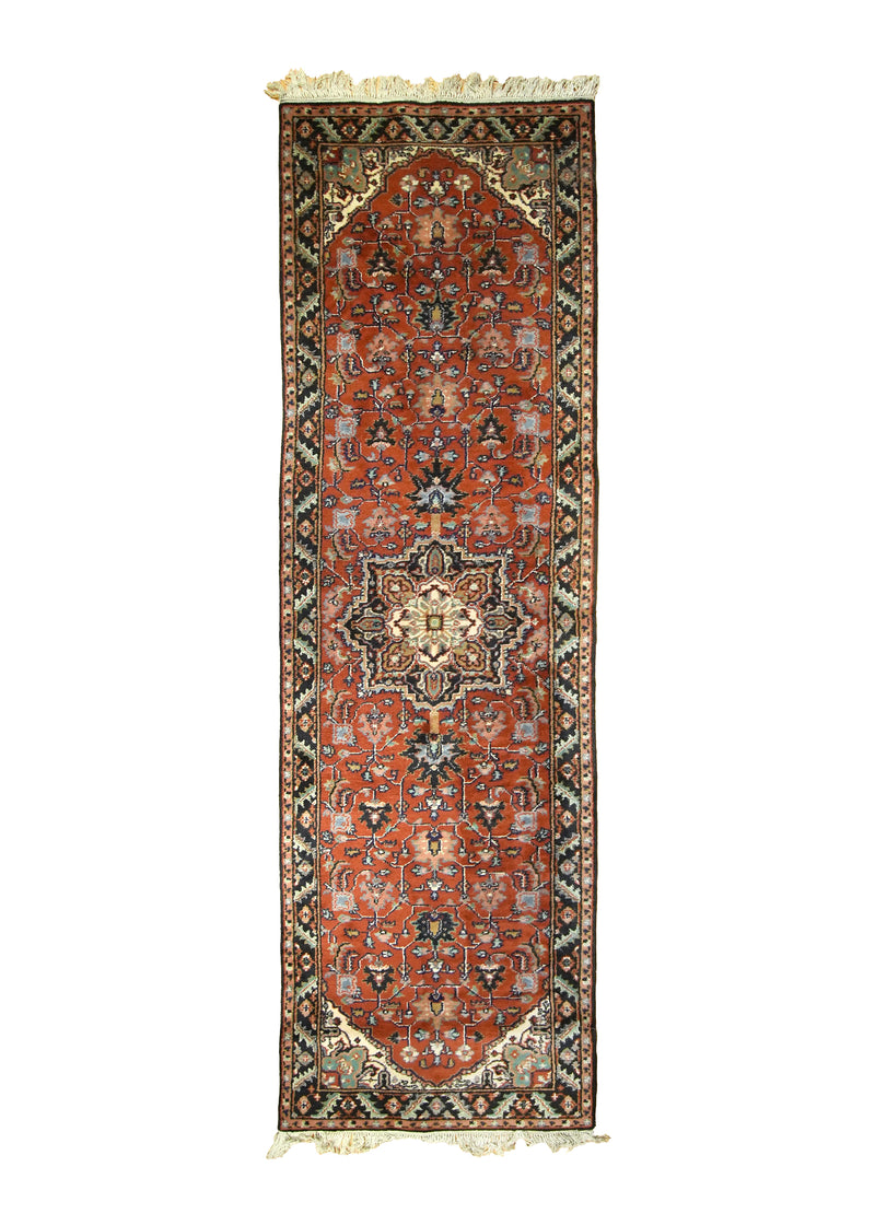 A10225 Oriental Rug Indian Handmade Runner Transitional Tribal 3'0'' x 10'0'' -3x10- Red Heriz Geometric Design