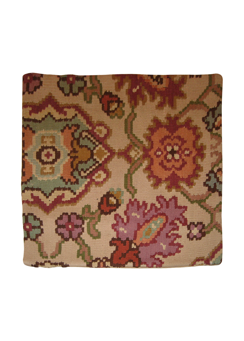 A10251 European Rug Handmade Pillow Traditional 1'6'' x 1'6'' -2x2- Pink Whites Beige Floral Design