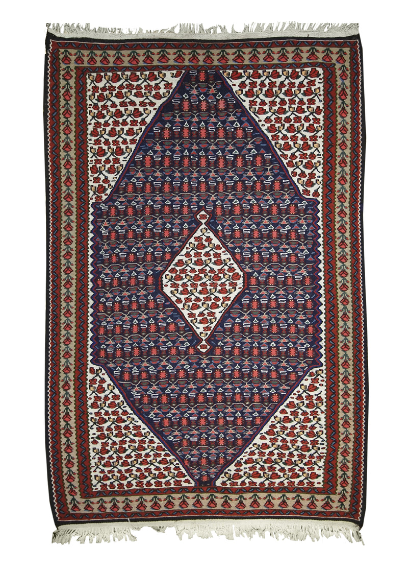 A10307 Persian Rug Senneh Handmade Area Traditional Tribal 3'7'' x 5'1'' -4x5- Blue Red Floral Design