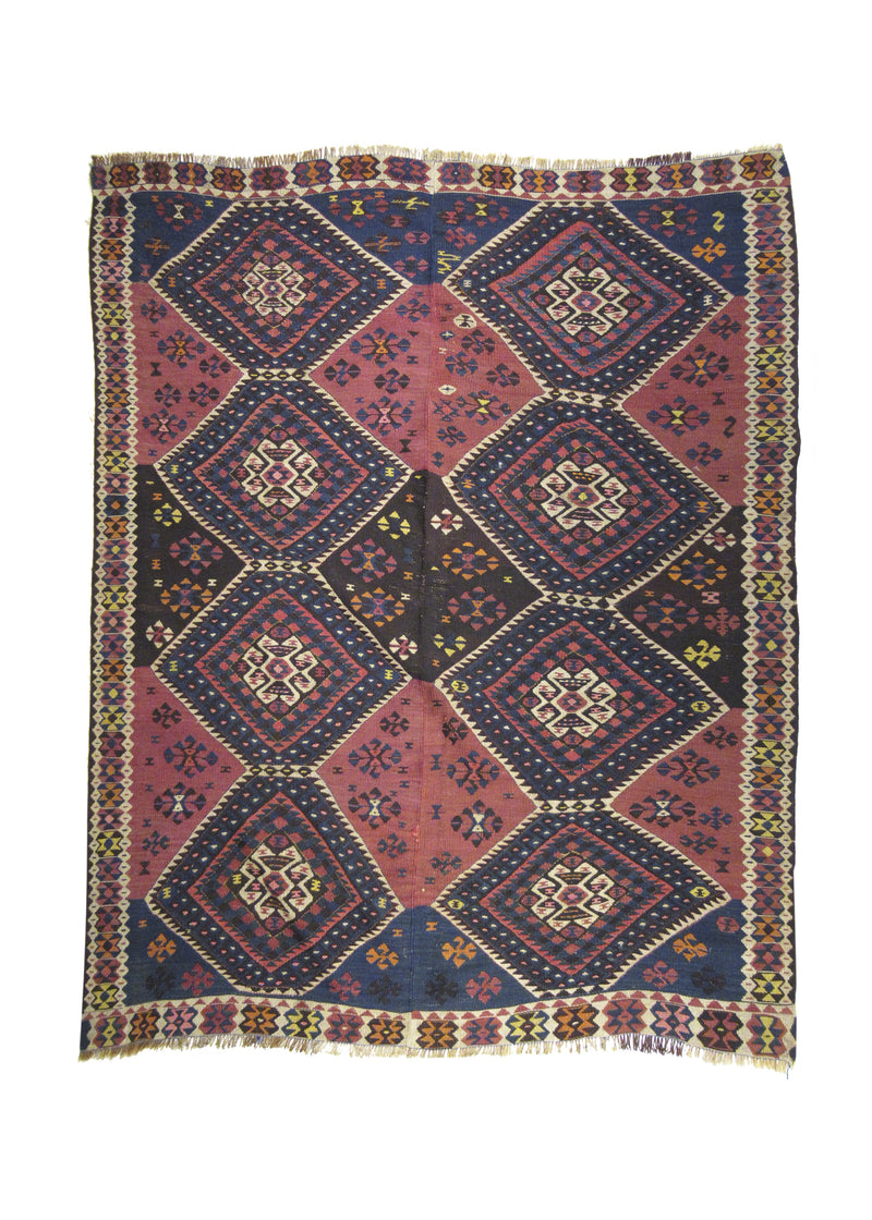 A10355 Oriental Rug Turkish Handmade Area Tribal 5'8'' x 7'0'' -6x7- Blue Red Geometric Design