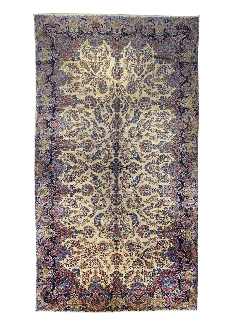 A10359 Persian Rug Lavar Kerman Handmade Area Traditional Vintage 9'5'' x 17'6'' -9x18- Whites Beige Blue Open Field Design