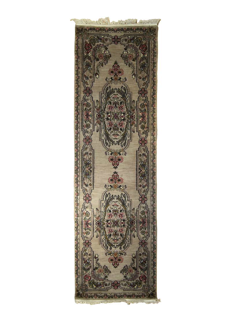 A10381 Oriental Rug Indian Handmade Runner Traditional 2'6'' x 8'1'' -3x8- Whites Beige Floral Design