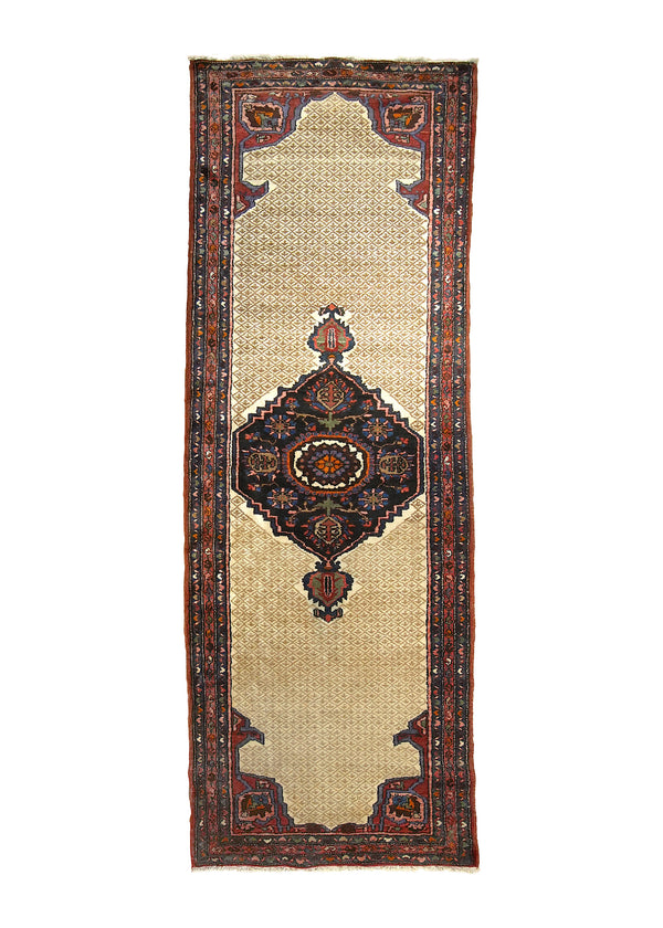 A10453 Persian Rug Hamadan Handmade Runner Tribal Vintage 3'8'' x 10'6'' -4x11- Whites Beige Red Geometric Design