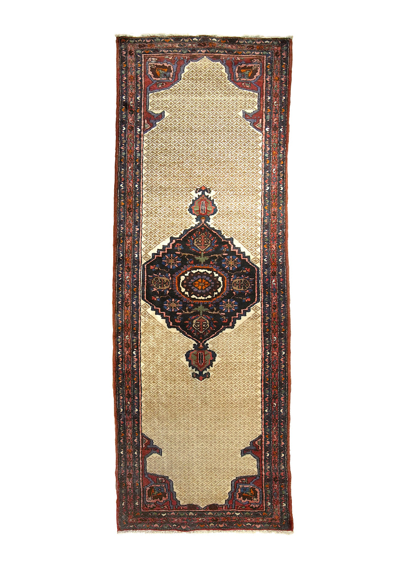 A10453 Persian Rug Hamadan Handmade Runner Tribal Vintage 3'8'' x 10'6'' -4x11- Whites Beige Red Geometric Design