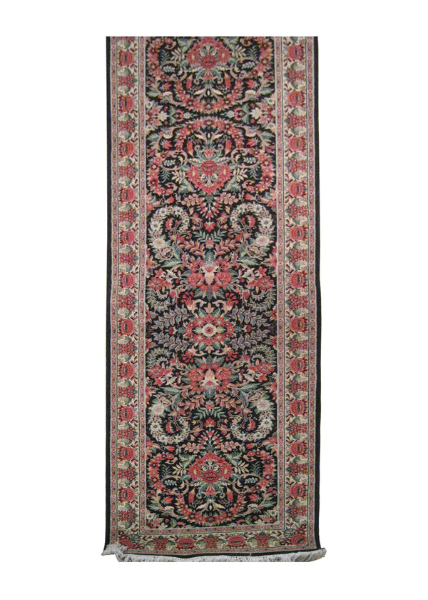 A10485 Oriental Rug Pakistani Handmade Runner Traditional 2'7'' x 12'5'' -3x12- Black Red Floral Design