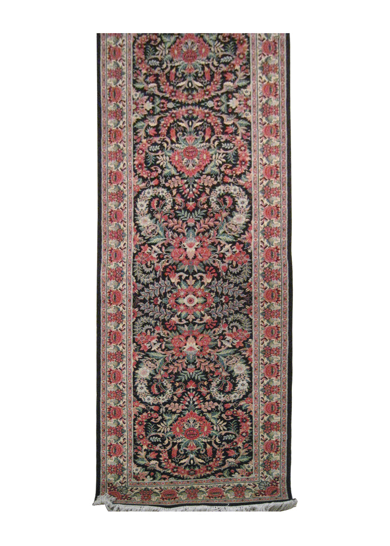 A10485 Oriental Rug Pakistani Handmade Runner Traditional 2'7'' x 12'5'' -3x12- Black Red Floral Design