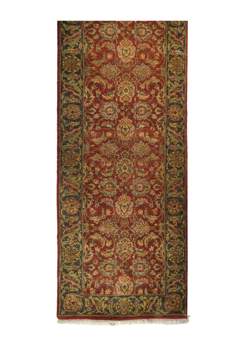 A10687 Oriental Rug Indian Handmade Runner Transitional 3'0'' x 11'11'' -3x12- Red Green Tea Washed Floral Design