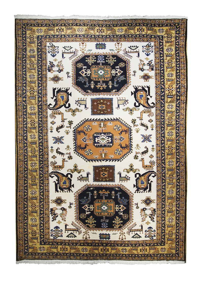 A10726 Persian Rug Meshkin Handmade Area Tribal 8'4'' x 11'5'' -8x11- Whites Beige Yellow Gold Geometric Paisley Boteh Animals Design
