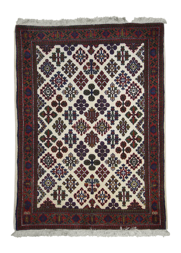 A10765 Persian Rug Meymeh Handmade Area Tribal 3'7'' x 4'10'' -4x5- Whites Beige Red Geometric Design