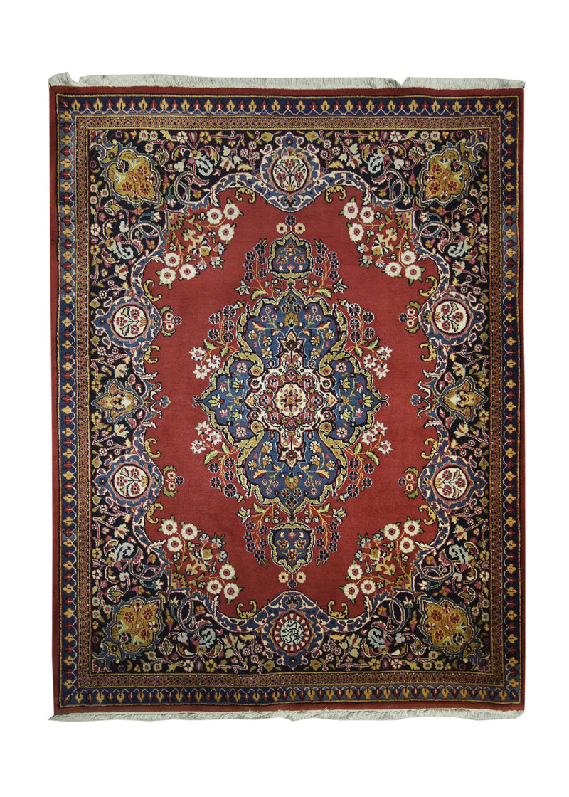 A10997 Persian Rug Moud Handmade Area Traditional 4'1'' x 5'3'' -4x5- Red Blue Floral Open Field Design