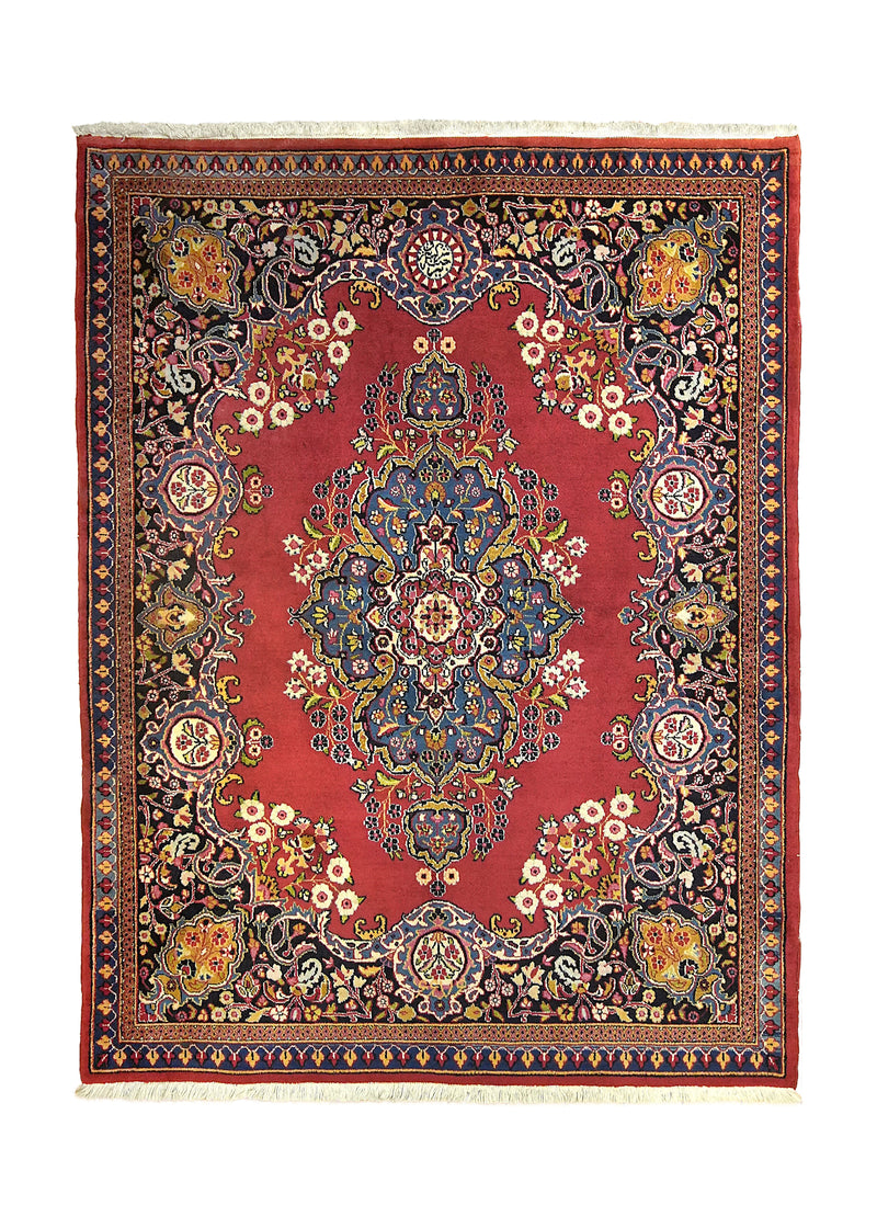 A10997 Persian Rug Moud Handmade Area Traditional 4'1'' x 5'3'' -4x5- Red Blue Floral Open Field Design.jpg