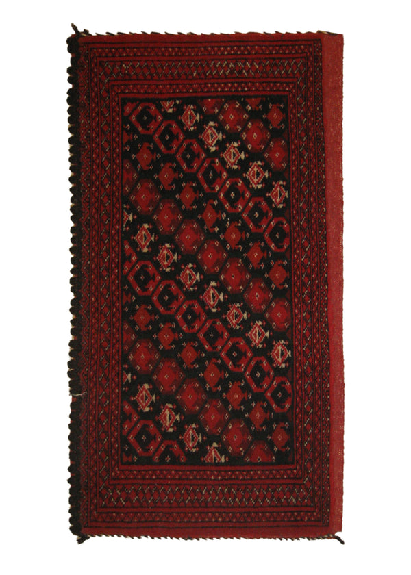 A11159 Persian Rug Turkmen Handmade Area Tribal 1'5'' x 2'10'' -1x3- Red Green Geometric Bokhara Elephant Foot Poshti Design