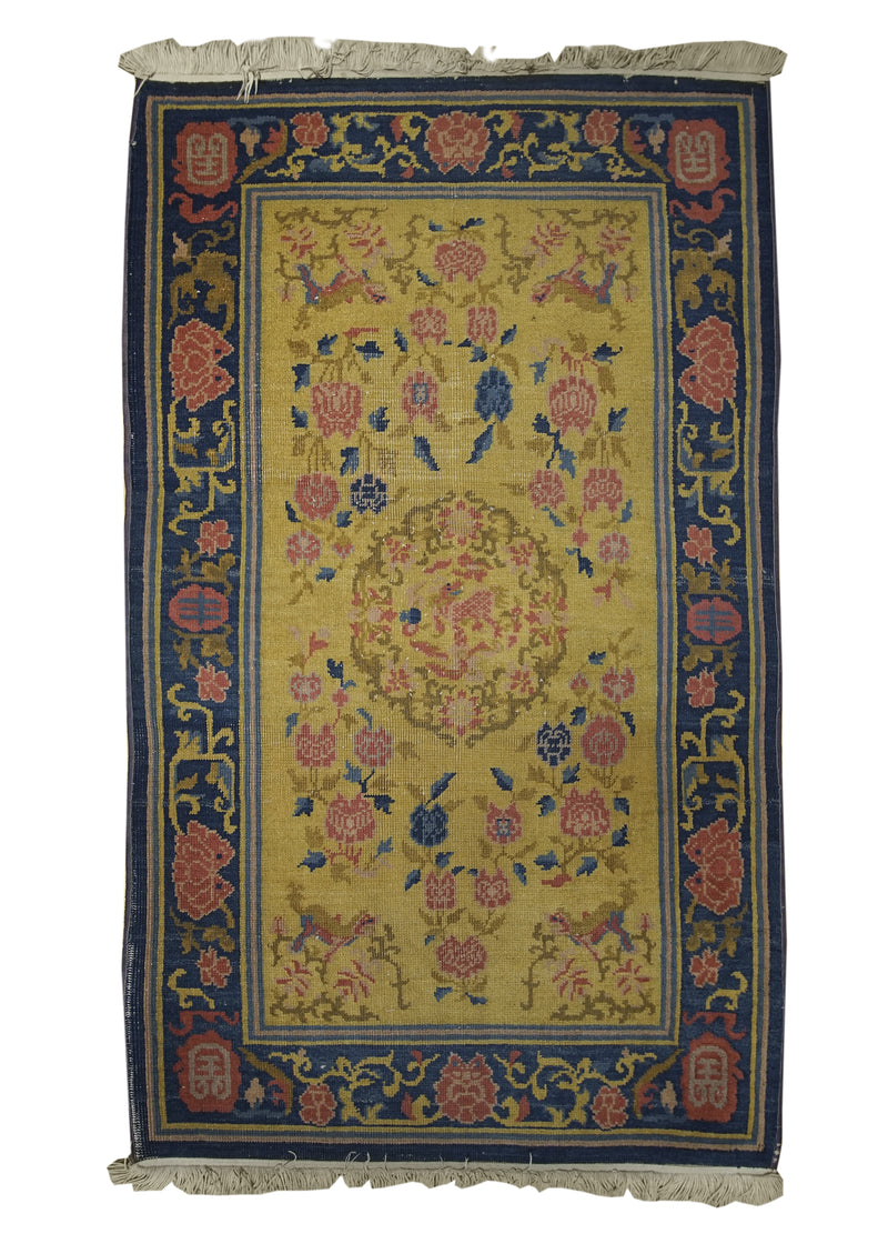 A11312 Oriental Rug Chinese Handmade Area Traditional 3'0'' x 5'0'' -3x5- Yellow Gold Blue Floral Design