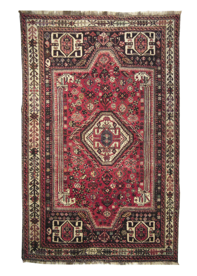 A11480 Persian Rug Shiraz Handmade Area Tribal 5'1'' x 8'1'' -5x8- Red Geometric Design