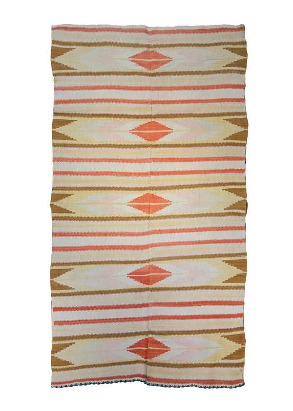 A11566 Native American Rug Navajo Handmade Area Antique Tribal 4'0'' x 7'6'' -4x8- Whites Beige Brown Red Geometric Design
