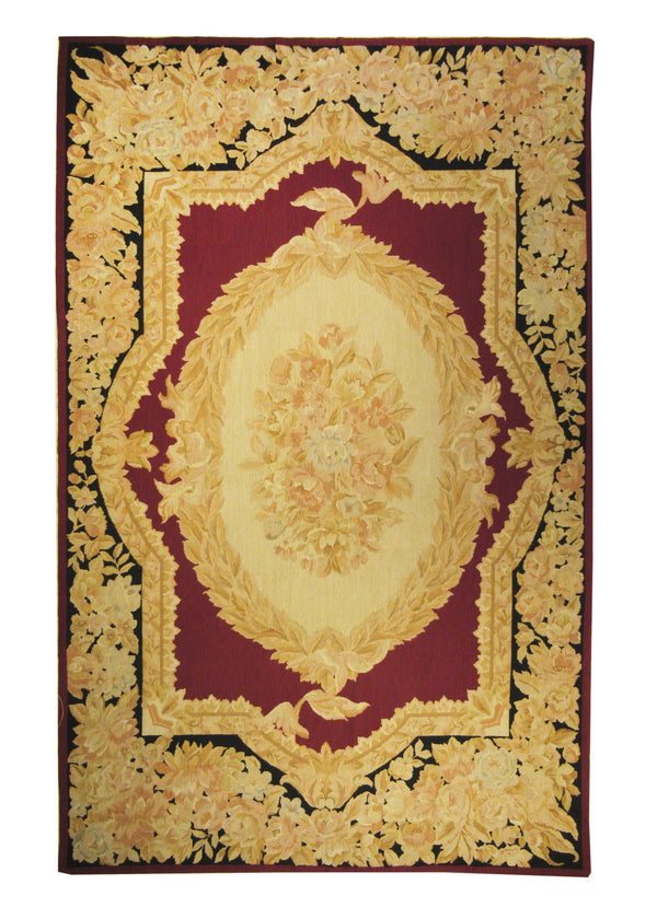 A11709 Oriental Rug Chinese Handmade Area Traditional 5'7'' x 8'11'' -6x9- Red Black Needlepoint Savonnerie Design