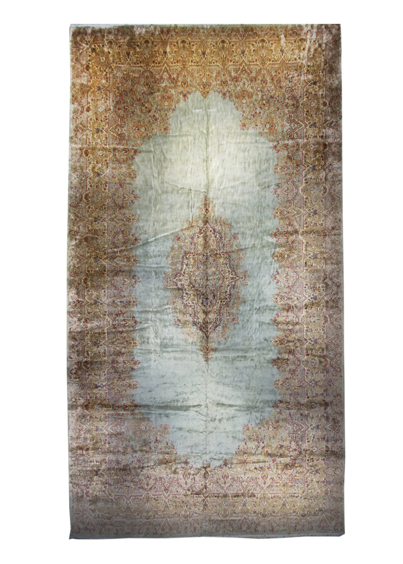 A11882 Persian Rug Kerman Handmade Area Traditional Vintage 13'0'' x 25'0'' -13x25- Blue Floral Open Field Design