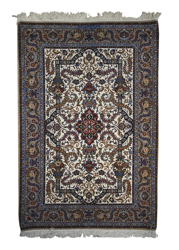 A12030 Persian Rug Isfahan Handmade Area Traditional 3'8'' x 5'6'' -4x6- Whites Beige Blue Floral Design